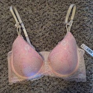 Pink and white lace bra.